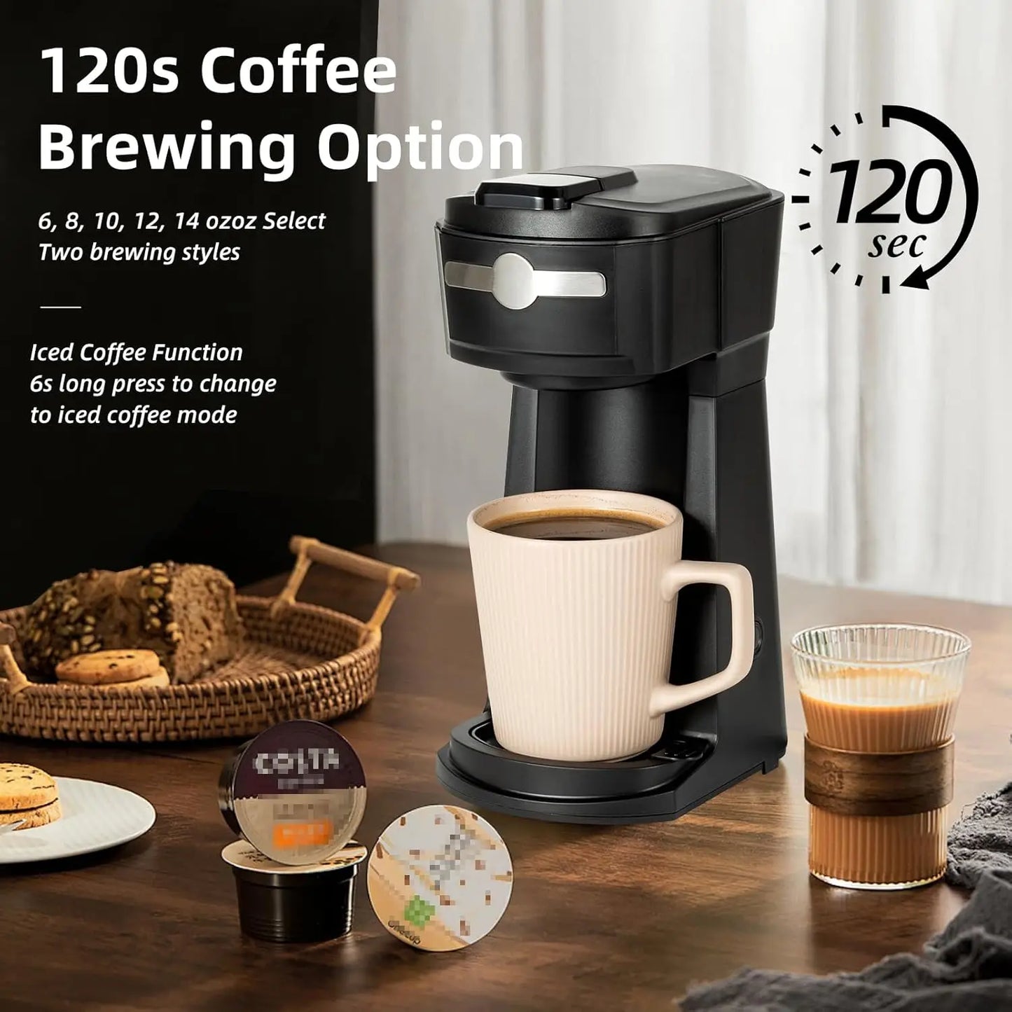Single Serve Coffee Maker for K Cup & Ground Coffee, Fast Brew 6-14 Oz, Hot & Iced, Auto Shut Off, Reusable Filter